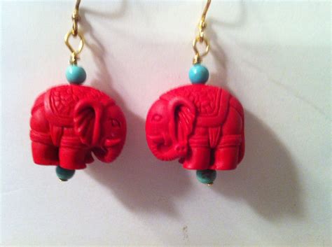 Red Elephant Earrings With Red Elephant Beads And Turquoise Etsy Elephant Earrings