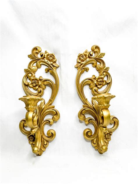 Vintage Hollywood Regency Gold Gilded Candlestick Wall Sconces A Pair