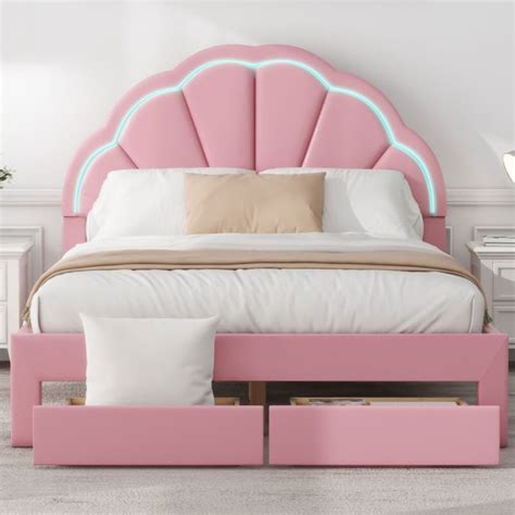 Full Size Upholstered Platform Bed With Seashell Shaped Headboard Led