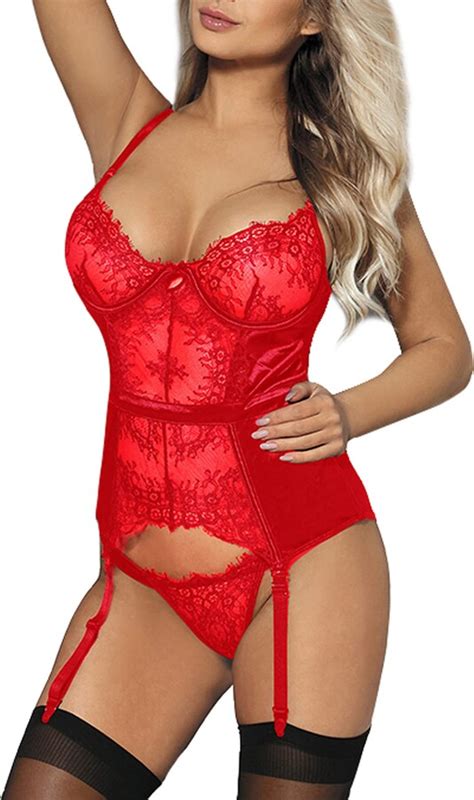 Ohyeahqueen Women Lace Lingerie Set With Garter Belt Floral Basques V