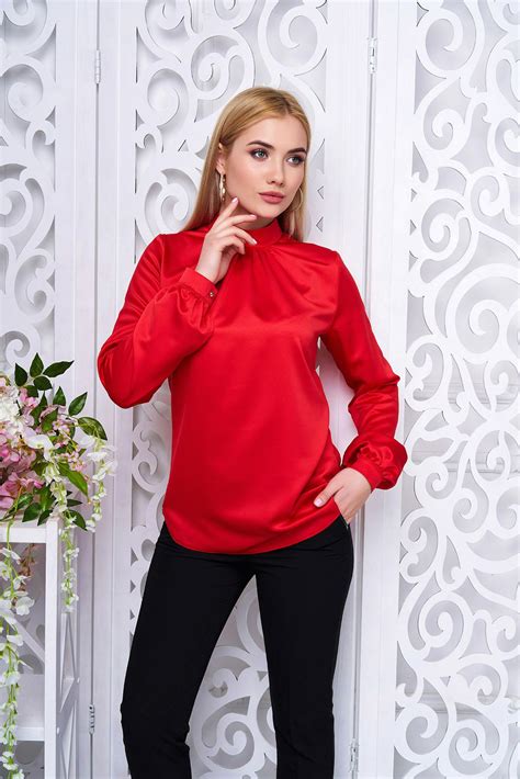 Red Satin High Neck Blouse High Neck Blouse Blouse Ruffle Blouse