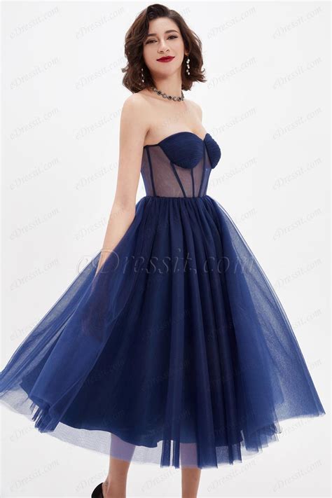 Navy Blue Corset Polyester Bone Tulle Cocktail Dress 04210405 Edressit