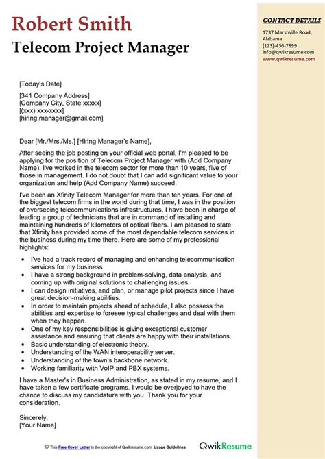 Telecom Project Manager Cover Letter Examples QwikResume