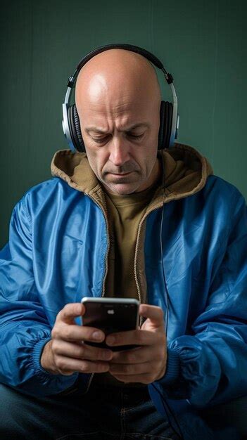 Premium Photo Bald Man Listening Music With Headphones Looking At