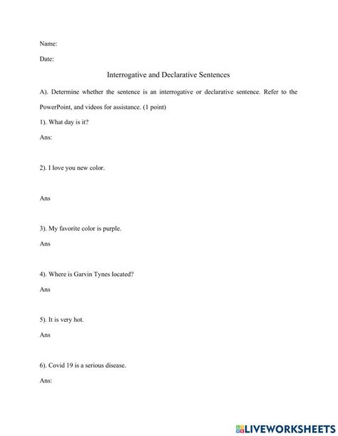 Interrogative And Declarative Worksheet Live Worksheets