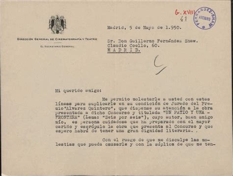 Carta de Guillermo de Reyna Secretario General de Cinematografía y