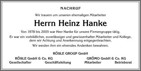 Traueranzeigen von Heinz Hanke Allgäuer Zeitung