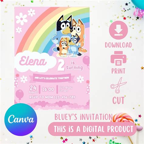 Canva Template Bluey Bingo Birthday Invitation Printable Bluey Birthday