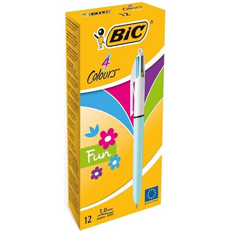 Bic Fun 4 Couleurs Boîte de 12 Stylos Rétractables Corps Bleu Pastel