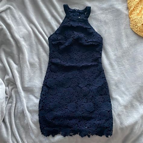 Lulus Love Poem Navy Lace Mini Dress Gem