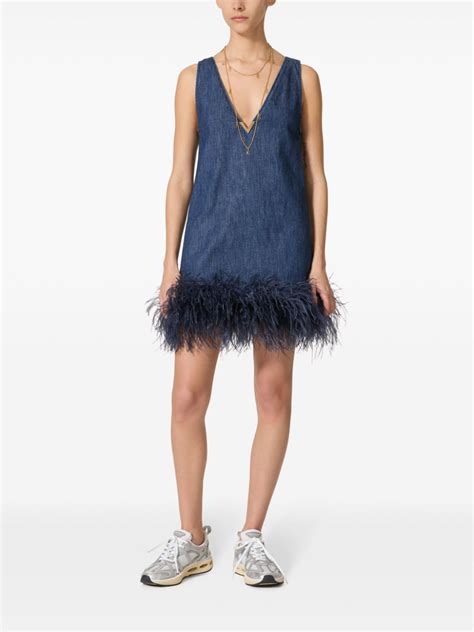 Valentino Garavani Feather Trim Denim Dress Blue FARFETCH