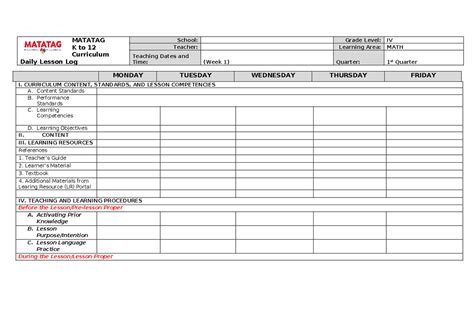 Format Matatag Matatag K To 12 Curriculum Daily Lesson Log School