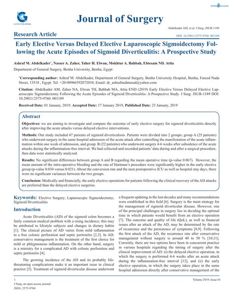 Pdf Early Elective Versus Delayed Elective Laparoscopic Sigmoidectomy