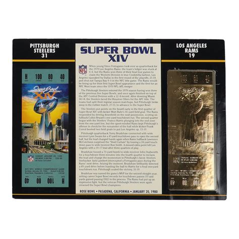 Super Bowl XIV Commemorative 9x12 Score Card Display With 22KT Gold