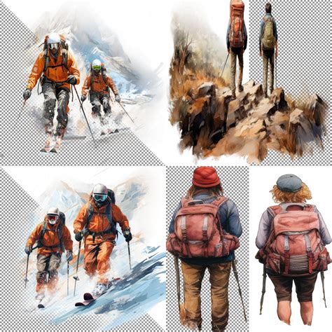 Alpine Ambitions Skiers Clipart, Snowy Skiing Scenes Watercolor