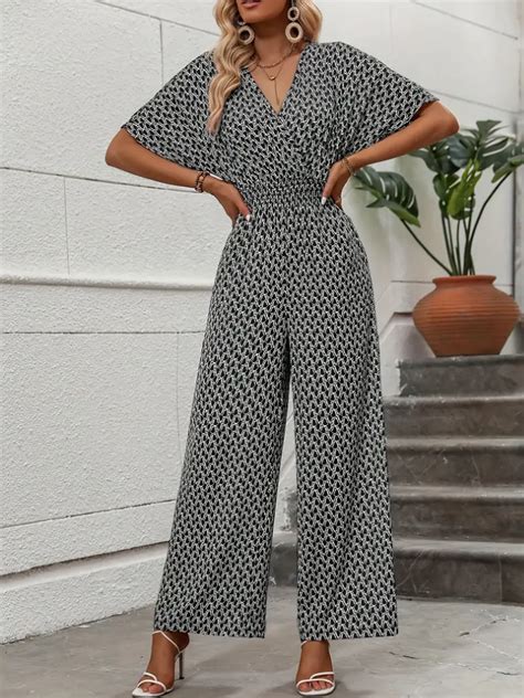 Allover Print V Neck Jumpsuit Elegant Short Sleeve Wide Leg Temu Portugal