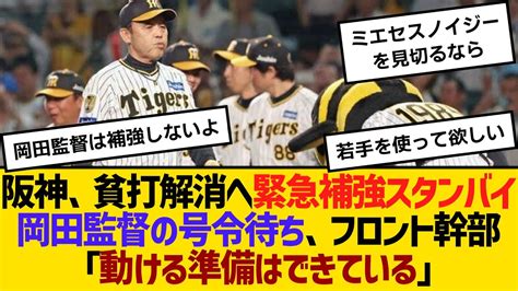 阪神、貧打解消へ緊急補強スタンバイ！岡田監督の号令待ち、フロント幹部「動ける準備はできている」 【ネットの反応】【反応集】 Youtube