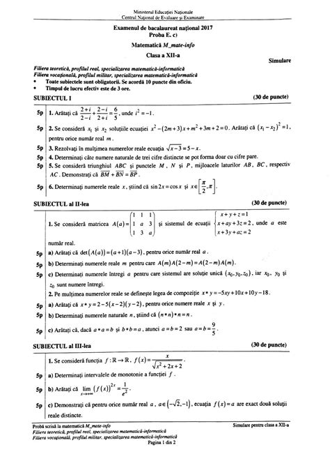 Subiecte și Bareme Simulare BAC Matematică Mate Info Științele