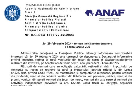 Anaf Oficial Joi Februarie Termen Limit Pentru Depunere A