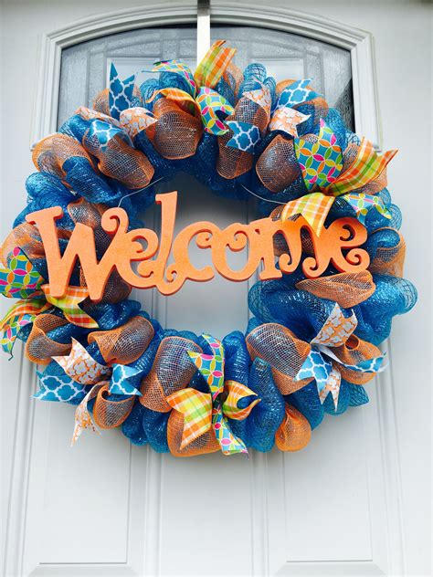 Welcome Deco Mesh Wreath Orange And Blue Mesh Wreaths Wreaths Deco