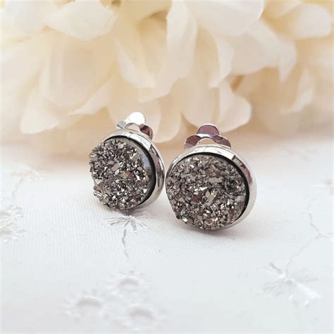 Sparkling Silver Druzy Stud Earrings Druzy Clip On Earrings Etsy UK