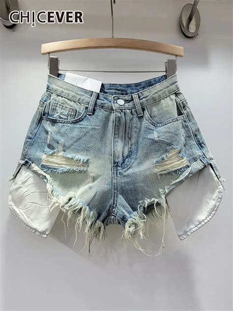 Chicever Hole Hollow Out Denim Shorts For Women High Waist Patchwork