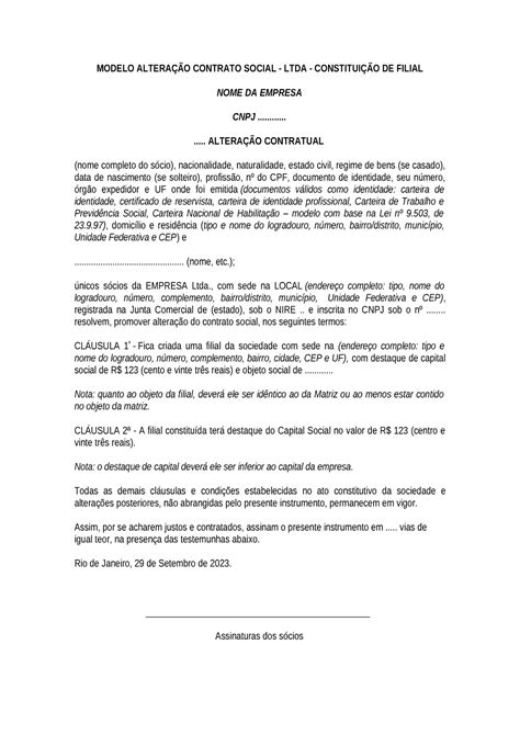 Modelo Altera O Constitui O De Filial Modelo Altera O Contrato