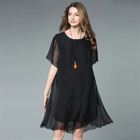 4XL Women Summer Dress Silk Chiffon Loose Black Plus Size Short Sleeve