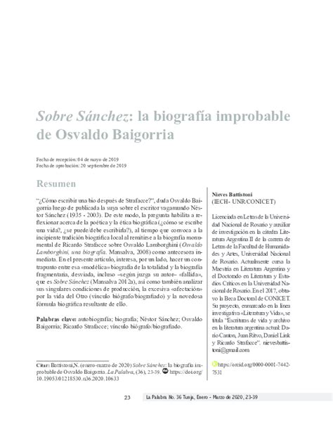 Pdf Sobre Sánchez La Biografía Improbable De Osvaldo Baigorria Revista La Palabra