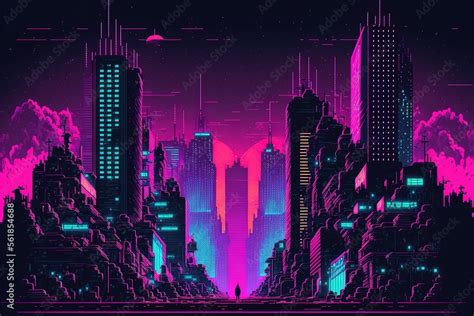 Neon pixel city night. Futuristic dark night neon cityscape with ...