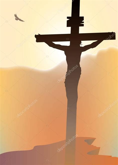 Cruz Con Jesucristo Crucificado En La Puesta Del Sol Vector De Stock De