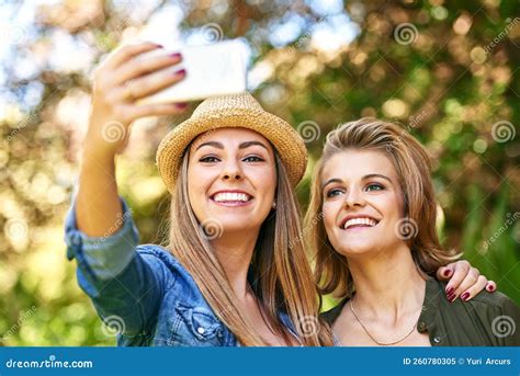 Take Another One Two Attractive Young Women Taking Selfies Outside