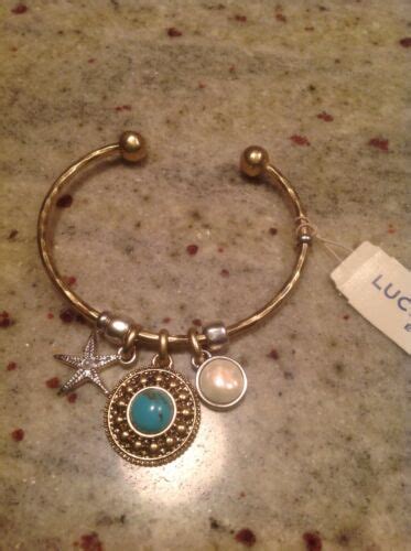 Lucky Brand Gold Tone Turquoise Starfish Pearl Charm Cuff Bracelet