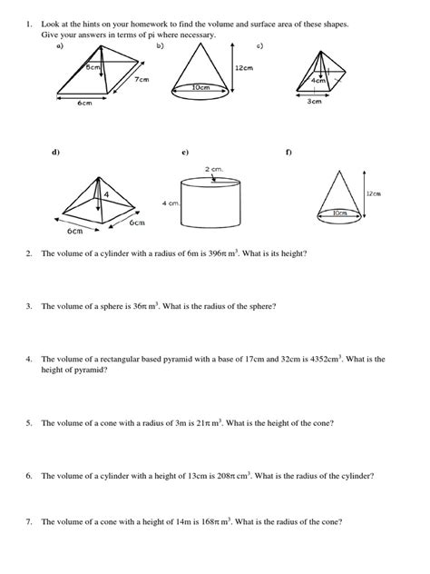 Cone Pyramid Cylinder Sphere Volume And Surface Area