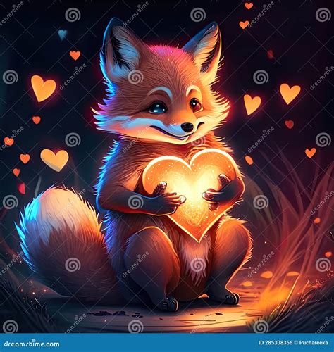 Cute Dhole Hugging Heart Illustration Of A Red Fox In Love With A Heart On A Dark Background