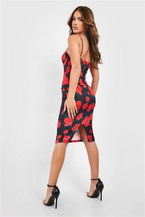 Dresses Floral Satin Corset Detail Midi Dress Boohoo