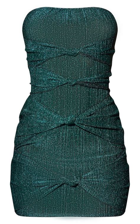 Teal Glitter Plisse Knot Bandeau Bodycon Dress | Dresses | PrettyLittleThing USA