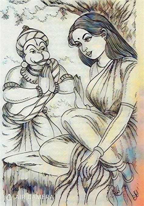 Hanuman meet sita | Art drawings sketches simple, Book art drawings ...