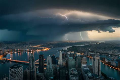 A Stormy Sky Over New York City With Lightning Ai Generated 32299500