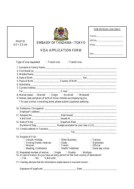 Tokyo Japan Tanzania Visa Application Form - Embassy of Tanzania - Fill Out, Sign Online and ...