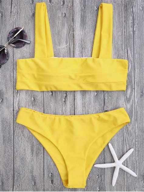 Bandeau Padded Bikini Top And Bottoms YELLOW Bikinis M ZAFUL