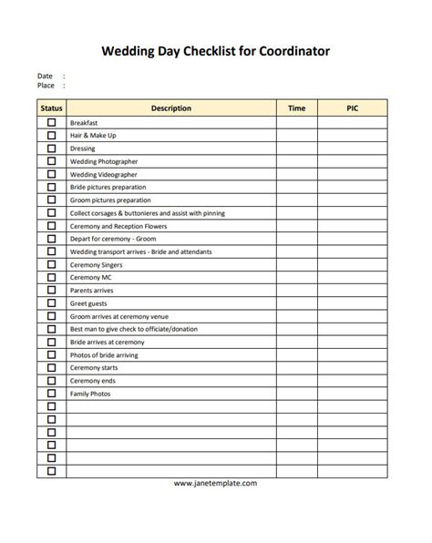 Wedding Day Checklist Template for Coordinator