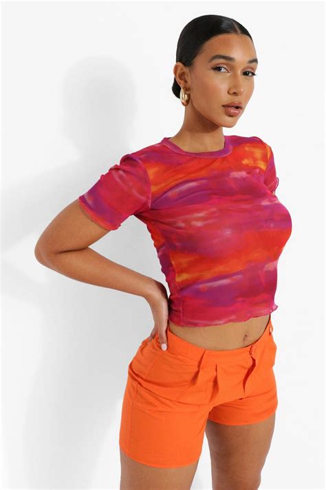 Landscape Print Mesh Short Sleeve Top Boohoo