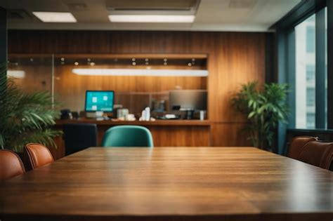 Fundo De Escritório Desfocado Com Frente De Mesa De Madeira Foto Premium