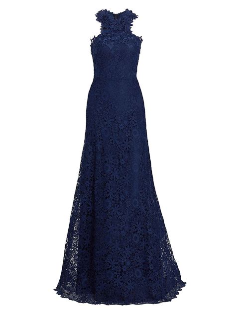 Rickie Freeman For Teri Jon Lace Halter Fit And Flare Gown In Navy 30