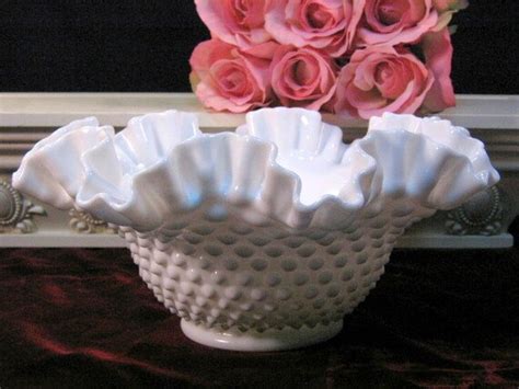 Fenton Glass Hobnail Milk Glass Ruffled Bowl Mid Century Art Etsy