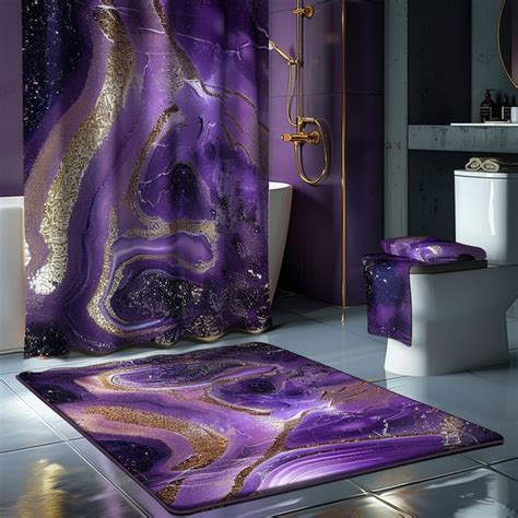 Hyperrealistic Purple Marble Shower Curtain Set With Golden Glitter