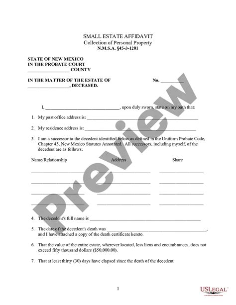 New Mexico Small Estate Affidavit For Estates Under Small