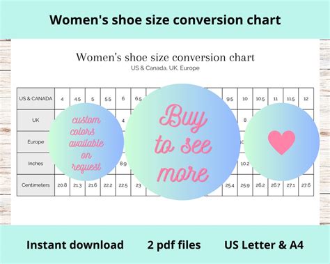 Women's Shoe Size Conversion Chart Printable US Canada UK Europe Shoe Sizes Table Conversion ...