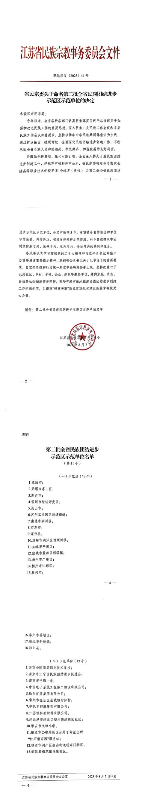 省民宗委关于命名第二批全省民族团结进步示范区示范单位的决定